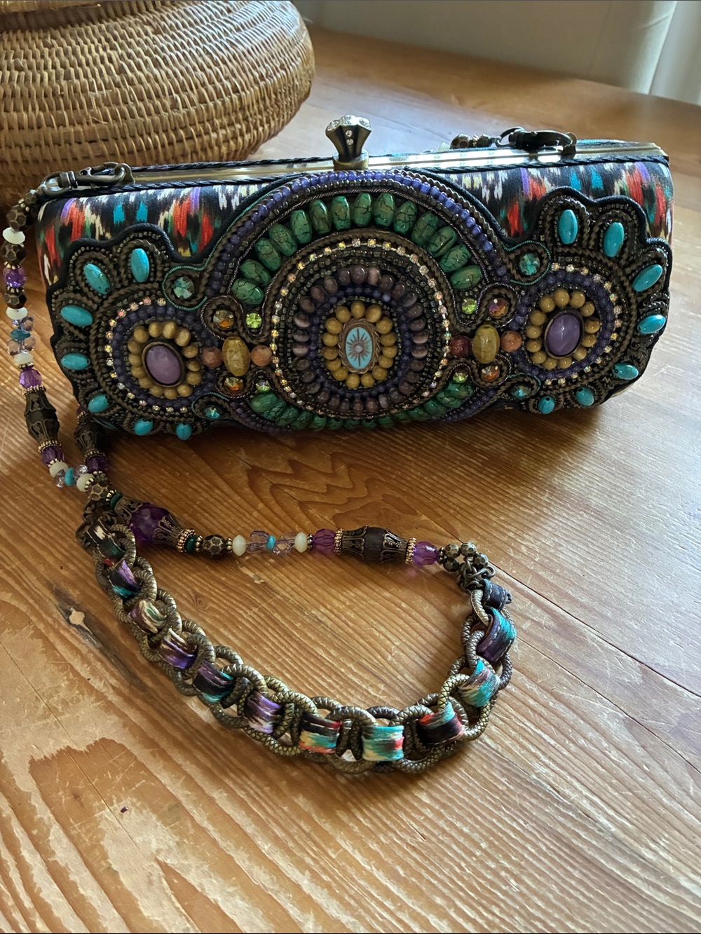 Sensational Mary Frances Natural, Crystal & Painted Stones Ikat Clutch Bag